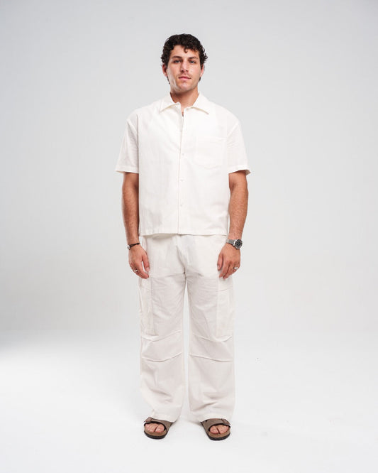 Linen Solid Short-Sleeve & Wide-Leg Pants Set – Off White