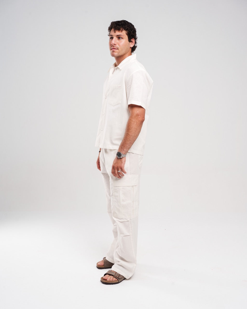 Linen Solid Short-Sleeve & Wide-Leg Pants Set – Off White