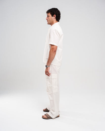 Linen Wide-Leg Cargo Trousers - Off White