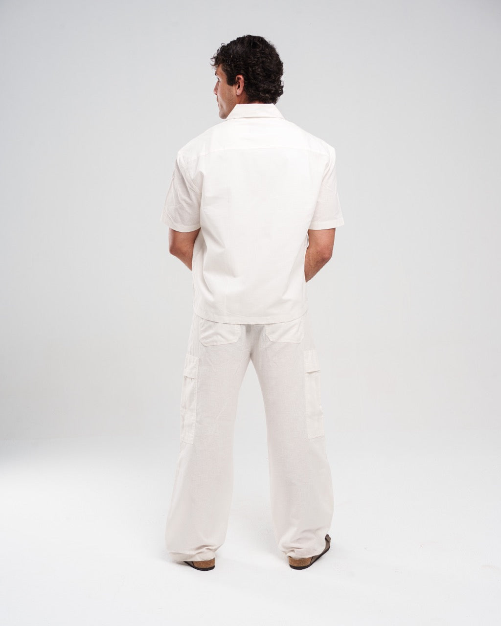 Linen Solid Short-Sleeve & Wide-Leg Pants Set – Off White