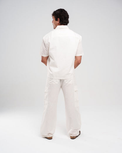 Linen Solid Short-Sleeve & Wide-Leg Pants Set – Off White