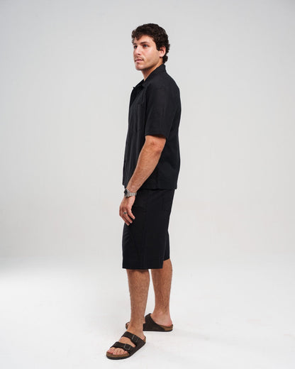 Linen Solid Short-Sleeve Shirt & Shorts Set – Black