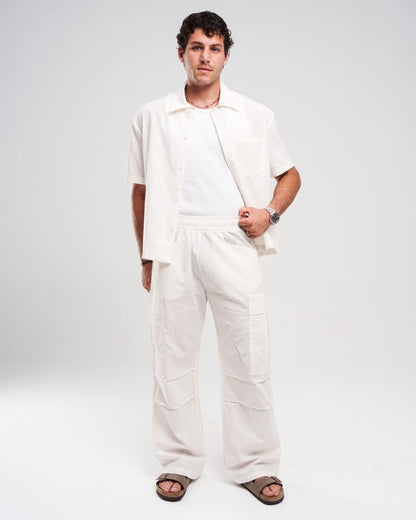 Linen Wide-Leg Cargo Trousers - Off White