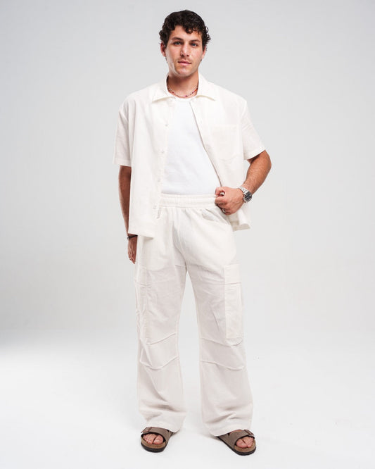 Linen Wide-Leg Cargo Trousers - Off White