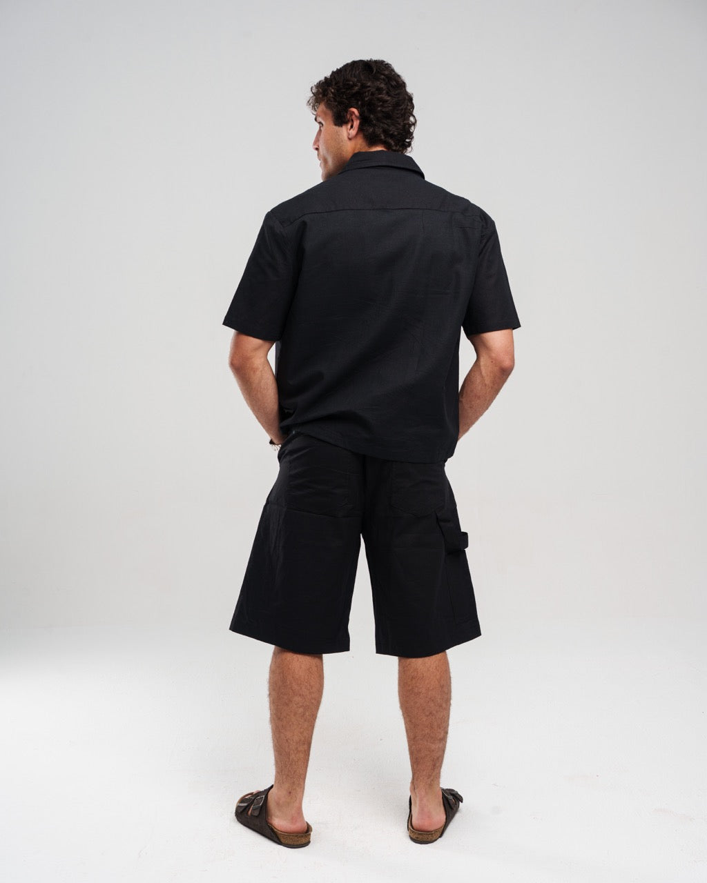 Linen Solid Short-Sleeve Shirt & Shorts Set – Black
