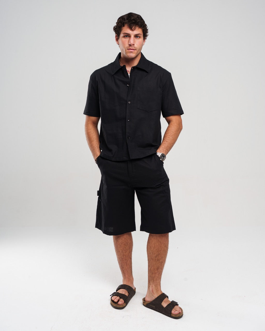Linen Solid Short-Sleeve Shirt & Shorts Set – Black