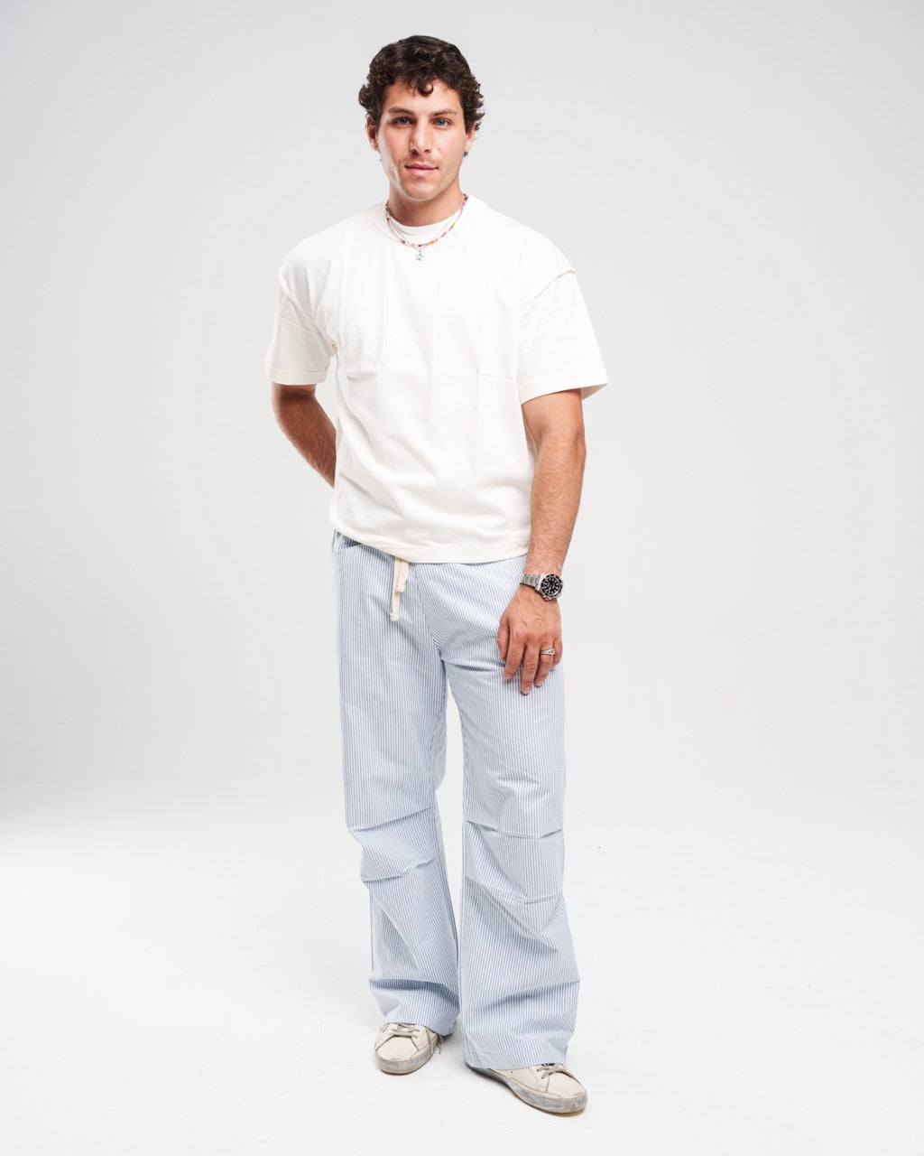 Striped Drawstring Trousers - Light Blue