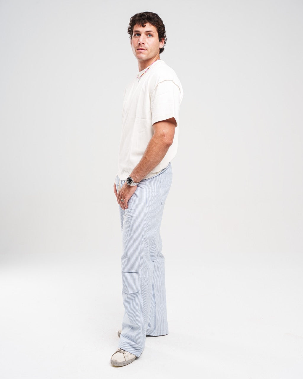 Striped Drawstring Trousers - Light Blue