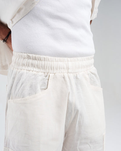 Linen Wide-Leg Cargo Trousers - Off White