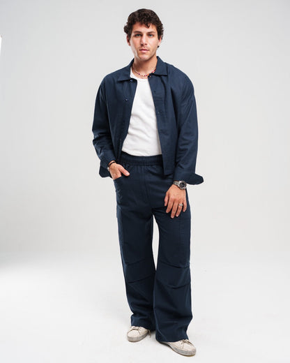 Linen Wide-Leg Cargo Trousers - Dark Navy