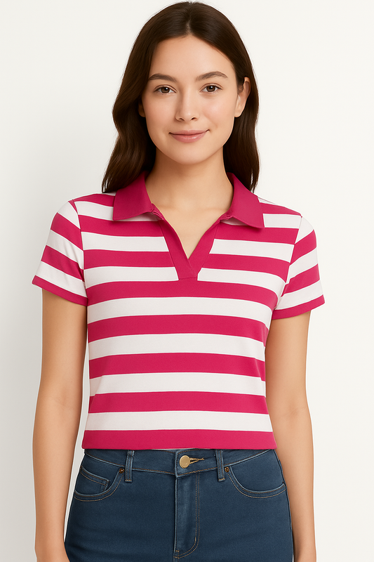 Cotton Blend Striped Collar Knit Polo - Fuchsia & White