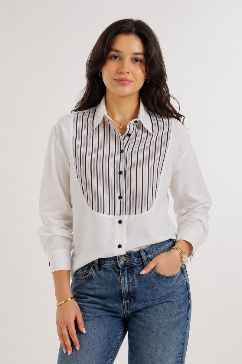 Contrasting Bib Striped Shirt - White