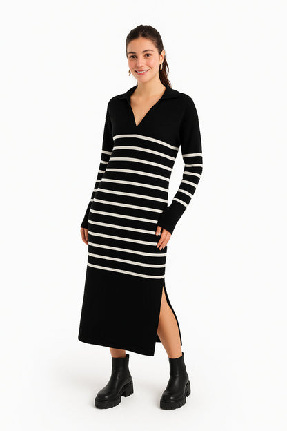 Viscose Striped Knit Midi Dress – Black