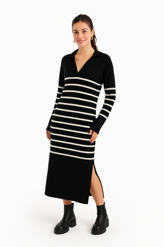 Viscose Striped Knit Midi Dress – Black