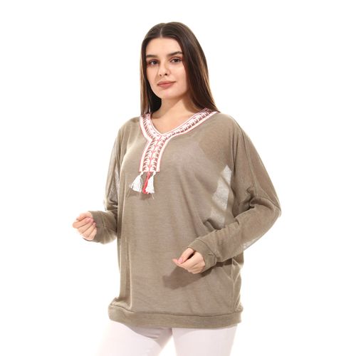 Knitted Arabian Style Aplique Top - Coffee