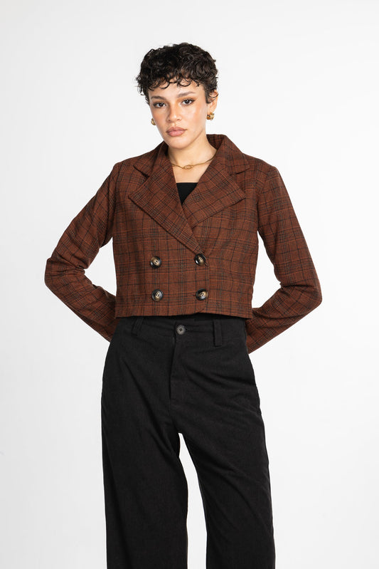 Wool Blend Checked Blazer – Brown