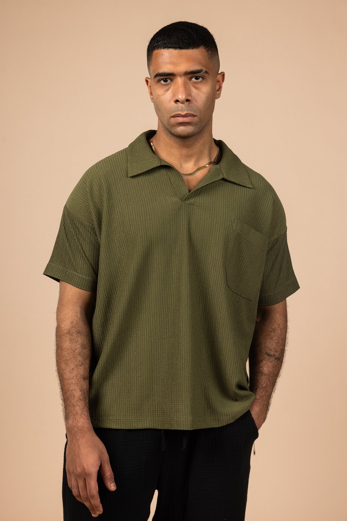 Cotton Moon Crushed Boxy Fit Polo Shirt - Olive Green