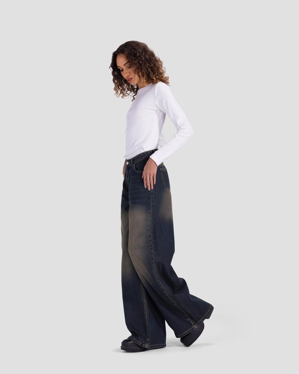 Basic wide-leg pants in dirty washed blue with brown shades