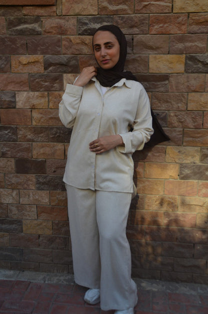 Linen Polka Dot Shirt & Pants Set with Belt – Beige