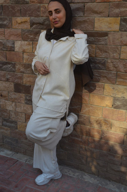 Linen Polka Dot Shirt & Pants Set with Belt – Beige