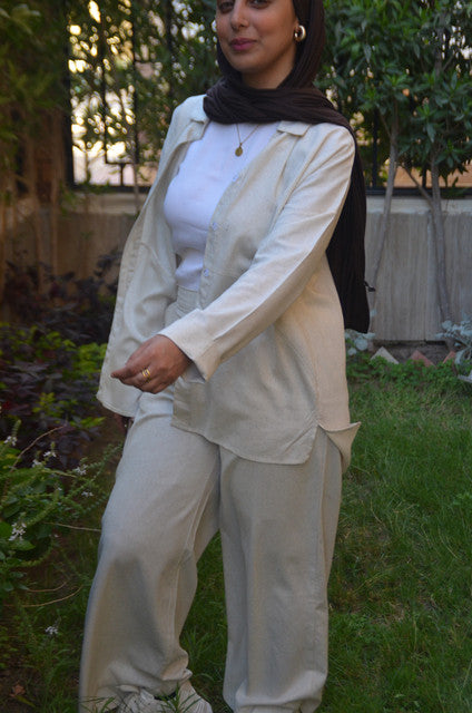 Linen Polka Dot Shirt & Pants Set with Belt – Beige