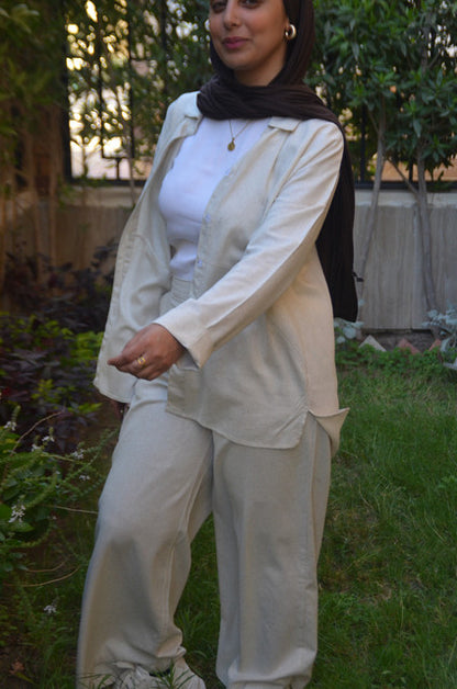 Linen Polka Dot Shirt & Pants Set with Belt – Beige