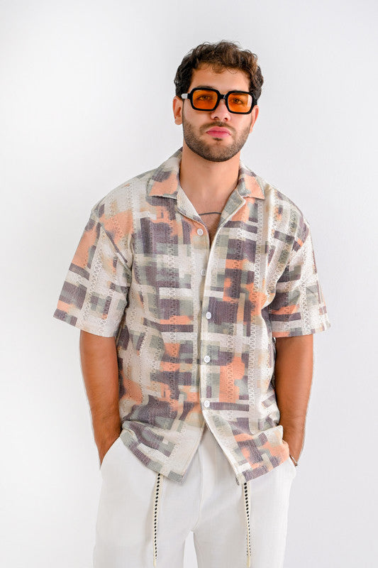 Textured Relaxed Shirt – Orange & Olive