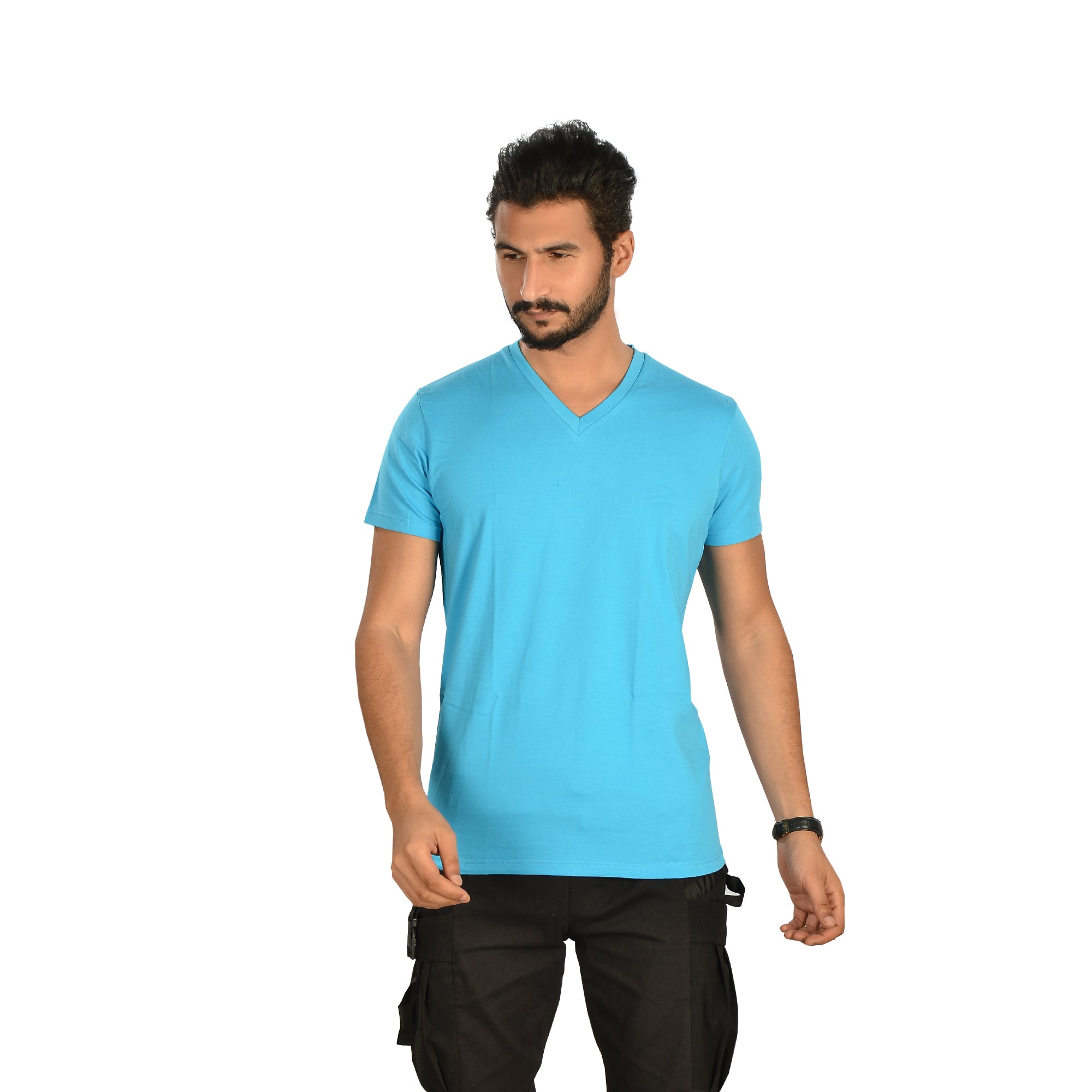 Cotton Lycra Solid V-Neck Short Sleeve T-Shirt – Turquoise