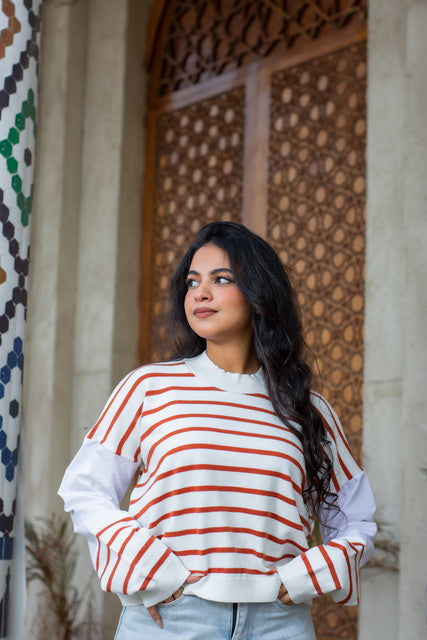 Poplin Stylish Knit Pullover - White & Red