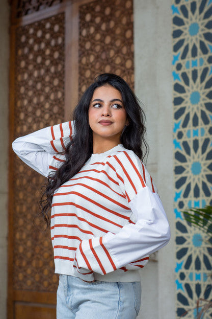 Poplin Stylish Knit Pullover - White & Red