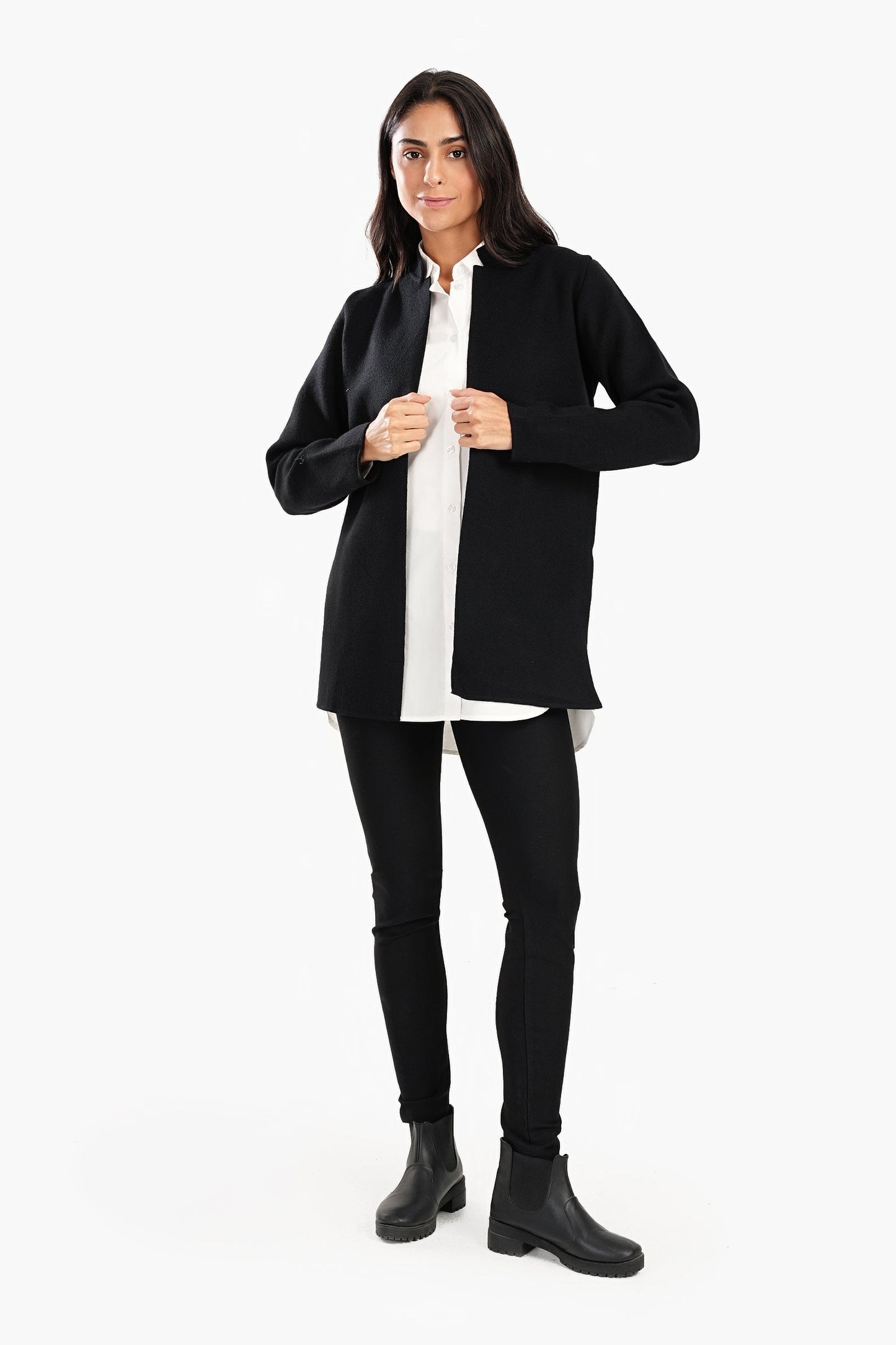 Reverse Collar Open Front Jacket - Black