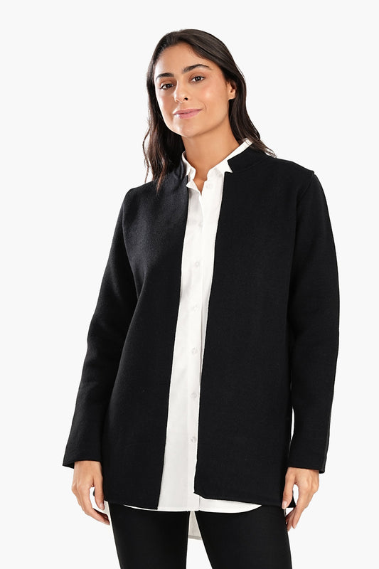 Reverse Collar Open Front Jacket - Black