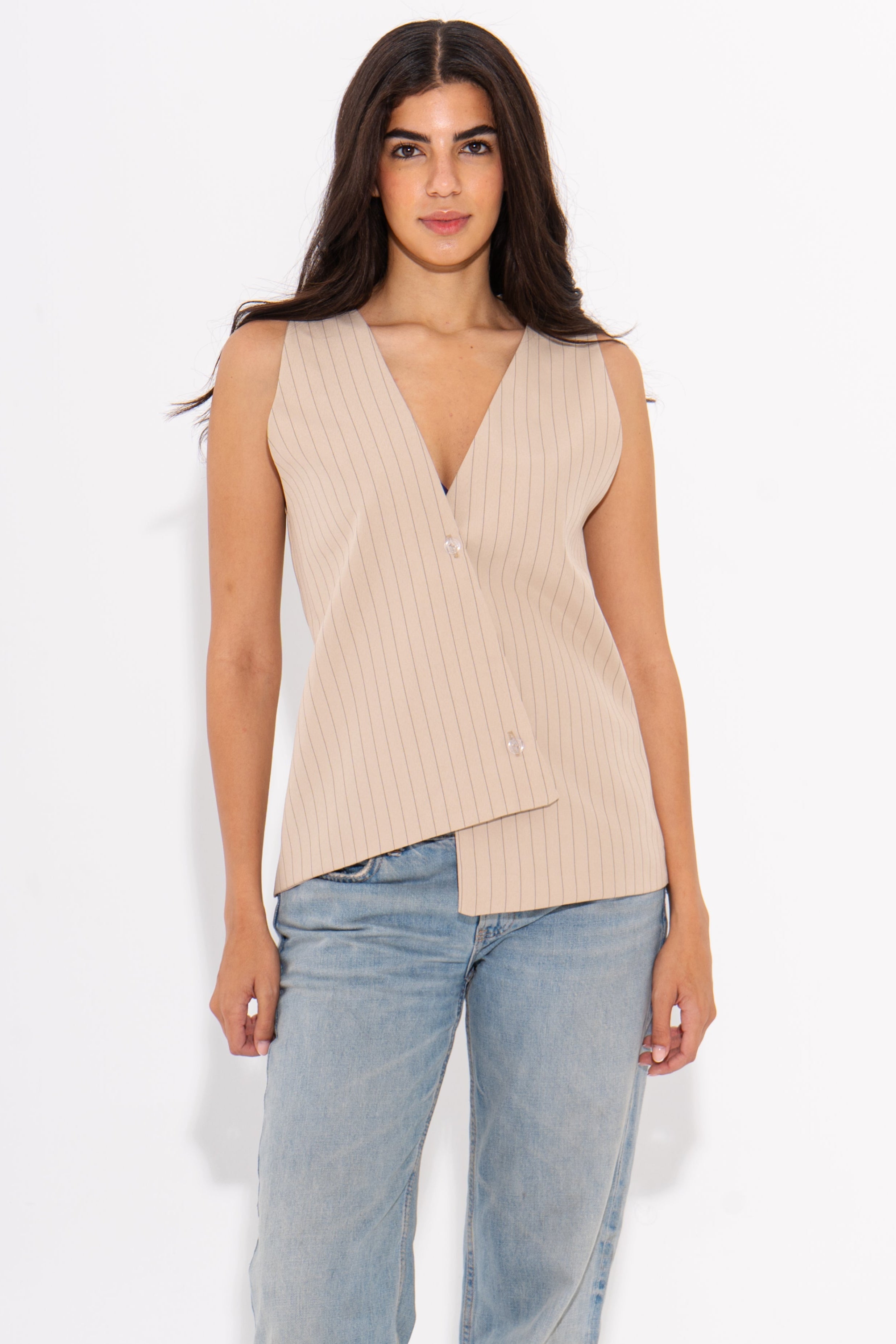 Crepe Asymmetrical Wrap Buttoned Vest - Beige