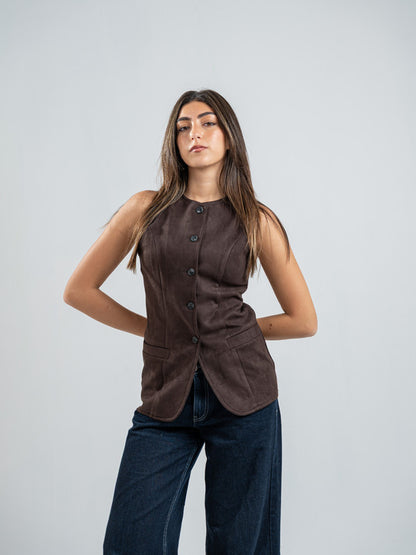 Suede Solid Button Vest – Brown