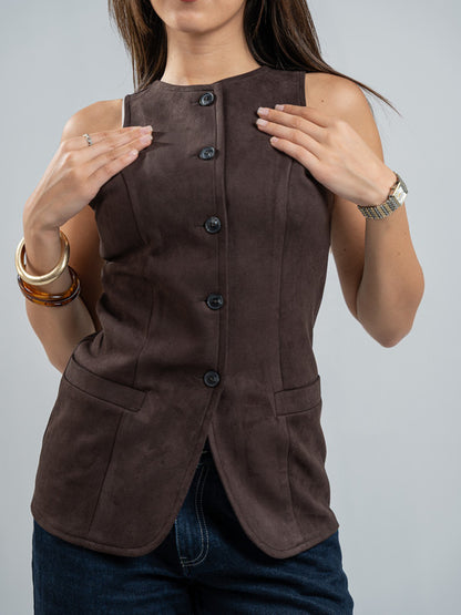 Suede Solid Button Vest – Brown
