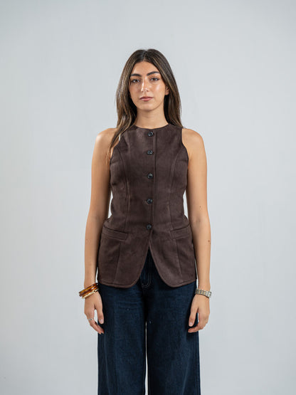 Suede Solid Button Vest – Brown