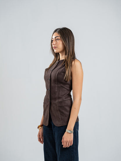 Suede Solid Button Vest – Brown