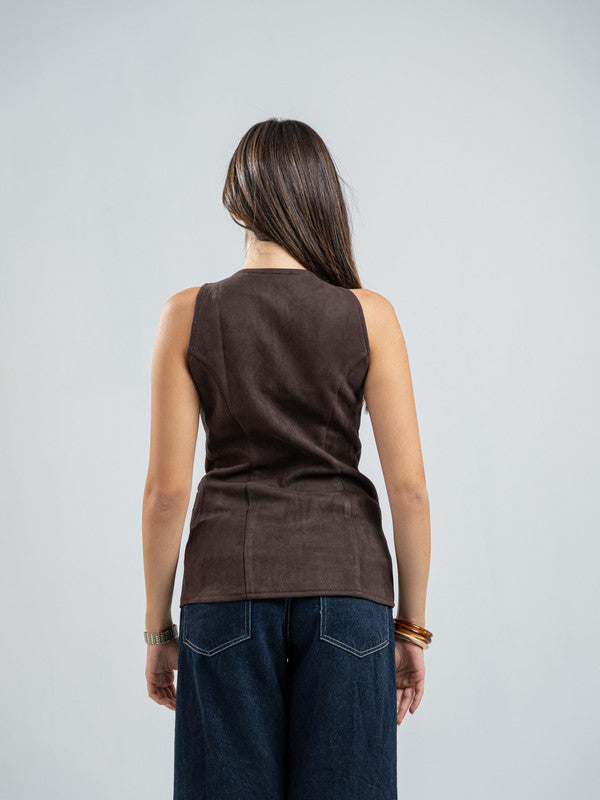 Suede Solid Button Vest – Brown