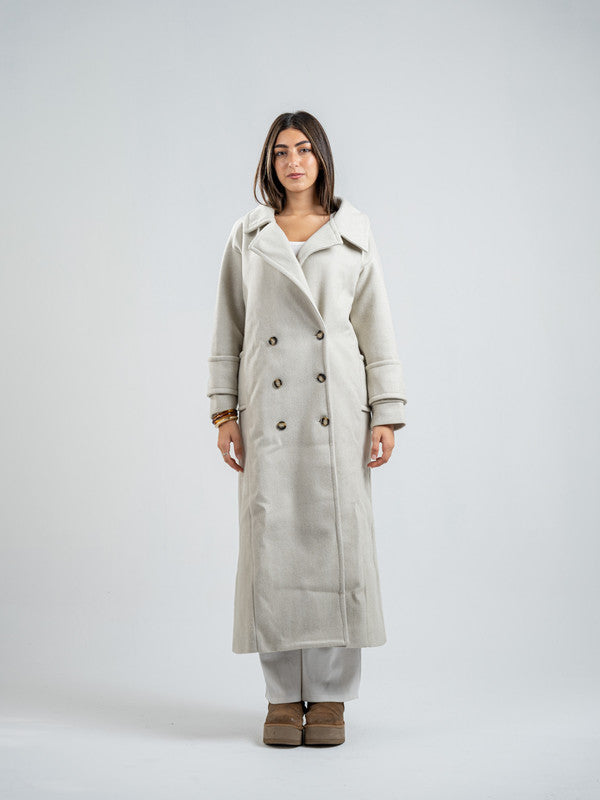 Wool Blend Felt Solid Long Coat – Greige