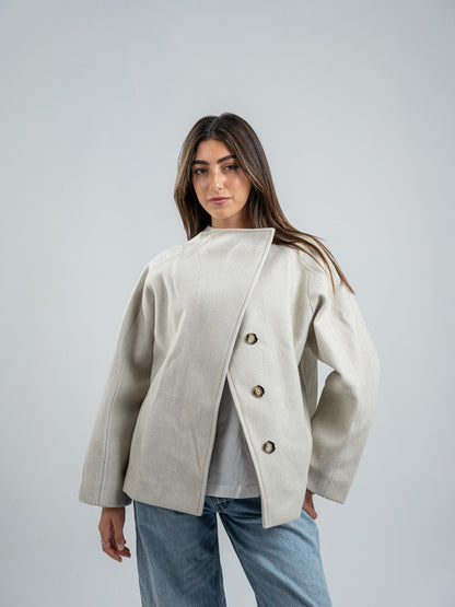 Wool Asymmetric Button Jacket – Light Grey