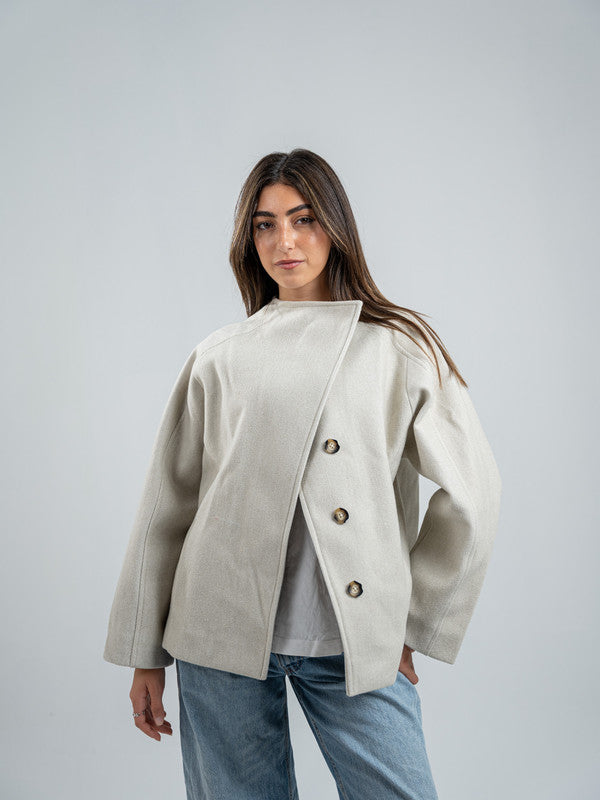 Wool Blend Felt Asymmetric Button Jacket – Greige