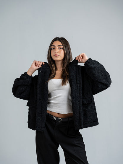 Teddy Fur Zip Jacket – Black