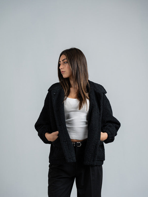 Teddy Fur Zip Jacket – Black