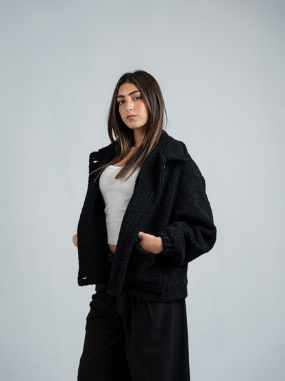 Teddy Fur Zip Jacket – Black