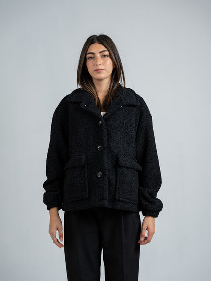 Teddy Fur Button Jacket – Black