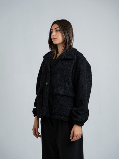 Teddy Fur Button Jacket – Black