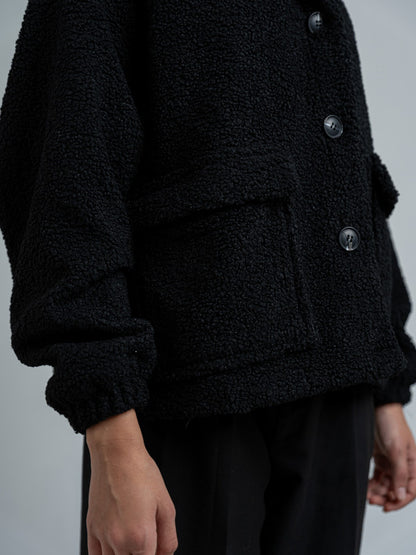 Teddy Fur Button Jacket – Black