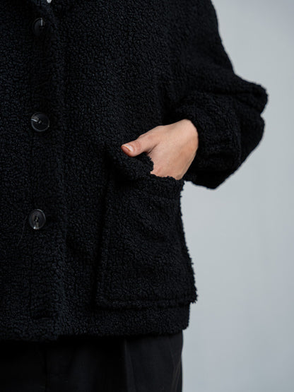 Teddy Fur Button Jacket – Black