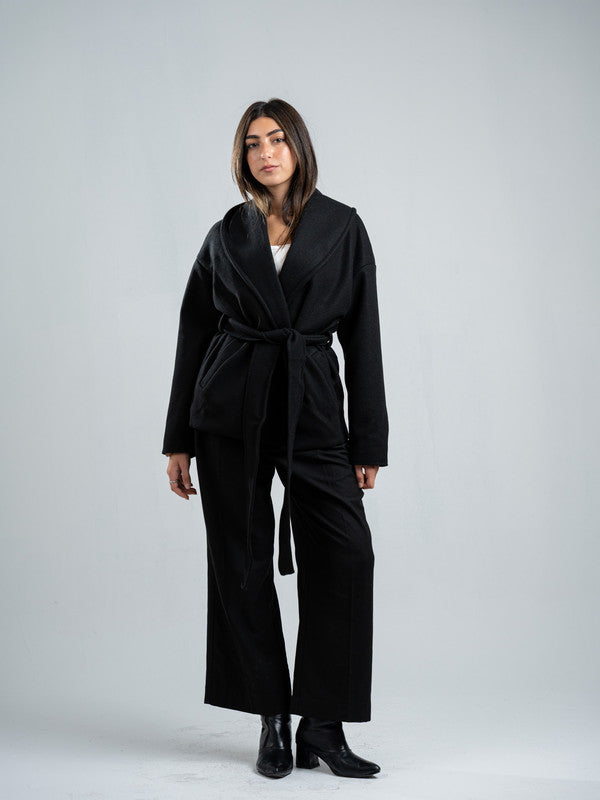 Wool Blend Felt Solid Belted Jacket – Black