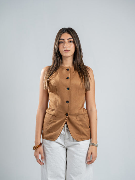 Suede Solid Button Vest – Camel
